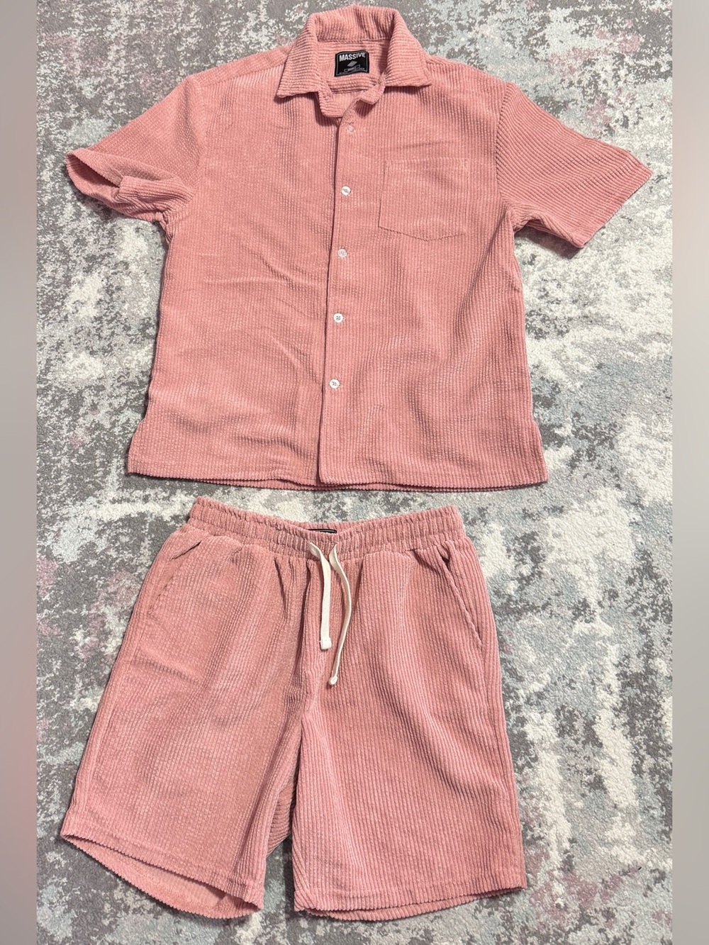 Pink Corduroy Men’s Short-Sleeve Button-down Shirt and Short